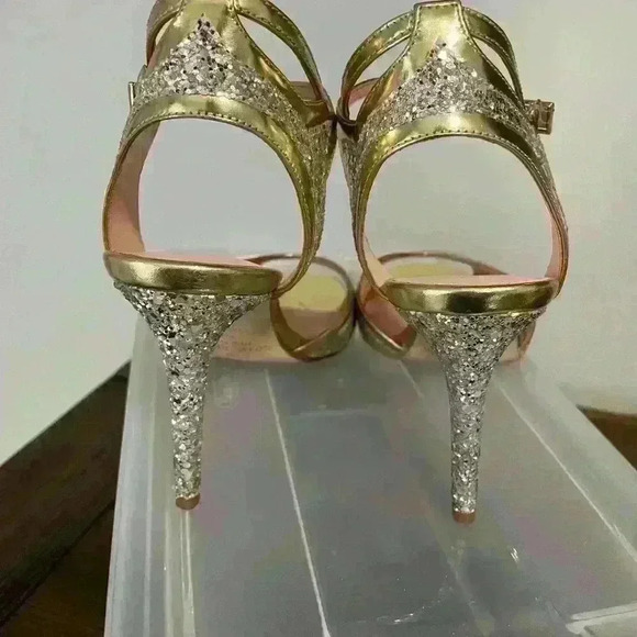 Kate Spade ♠️ Women's Oak Heeled Sandal Glittered Silver/Gold - Picture 4 of 5